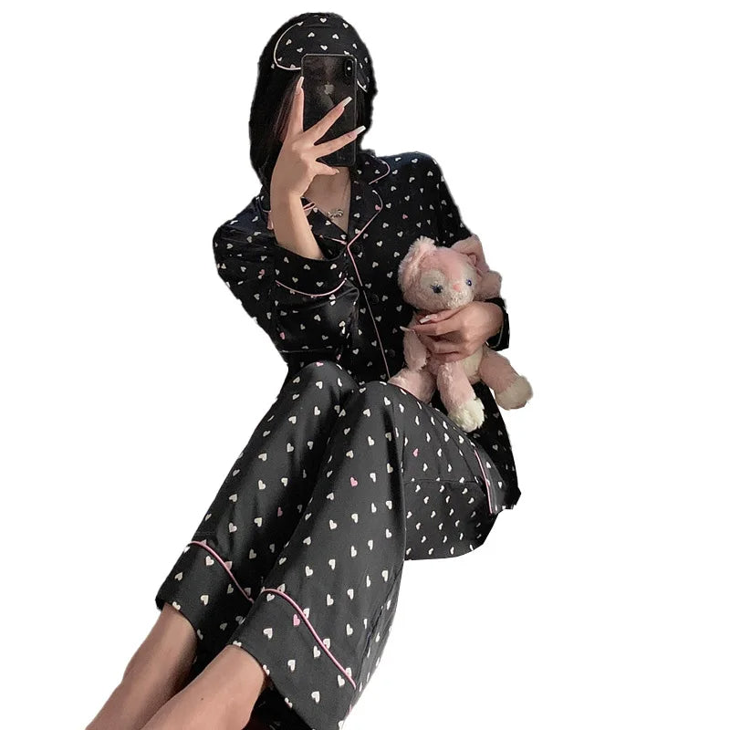 Spring and Summer New Women's Senior Ice Silk Women's Pajamas Love Teenage Girls Students Casual Pajamas Homewear Two-Piece Set