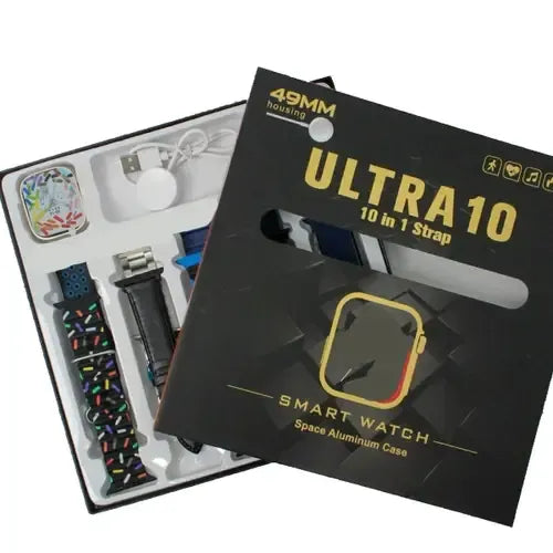 ULTRA 10 Smart Watch with 49mm HD display, BT calling, wireless charging, 10-in-1 straps, and protective jelly case.