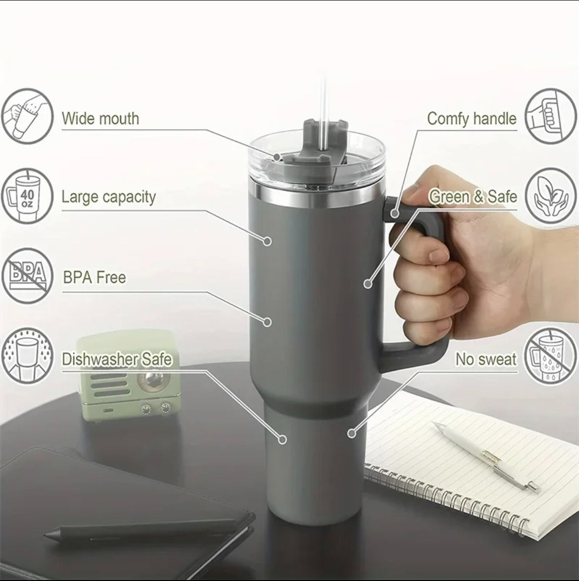 Original Stanley 40oz Tumbler with straw, insulated stainless steel for 24-hour hot & cold drinks, perfect for travel and gifting.