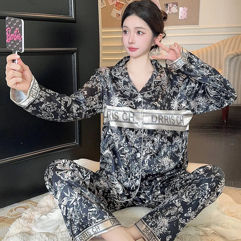 Spring and Summer New Women's Senior Ice Silk Women's Pajamas Love Teenage Girls Students Casual Pajamas Homewear Two-Piece Set