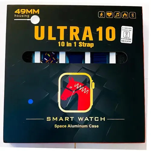 ULTRA 10 Smart Watch with 49mm HD display, BT calling, wireless charging, 10-in-1 straps, and protective jelly case.