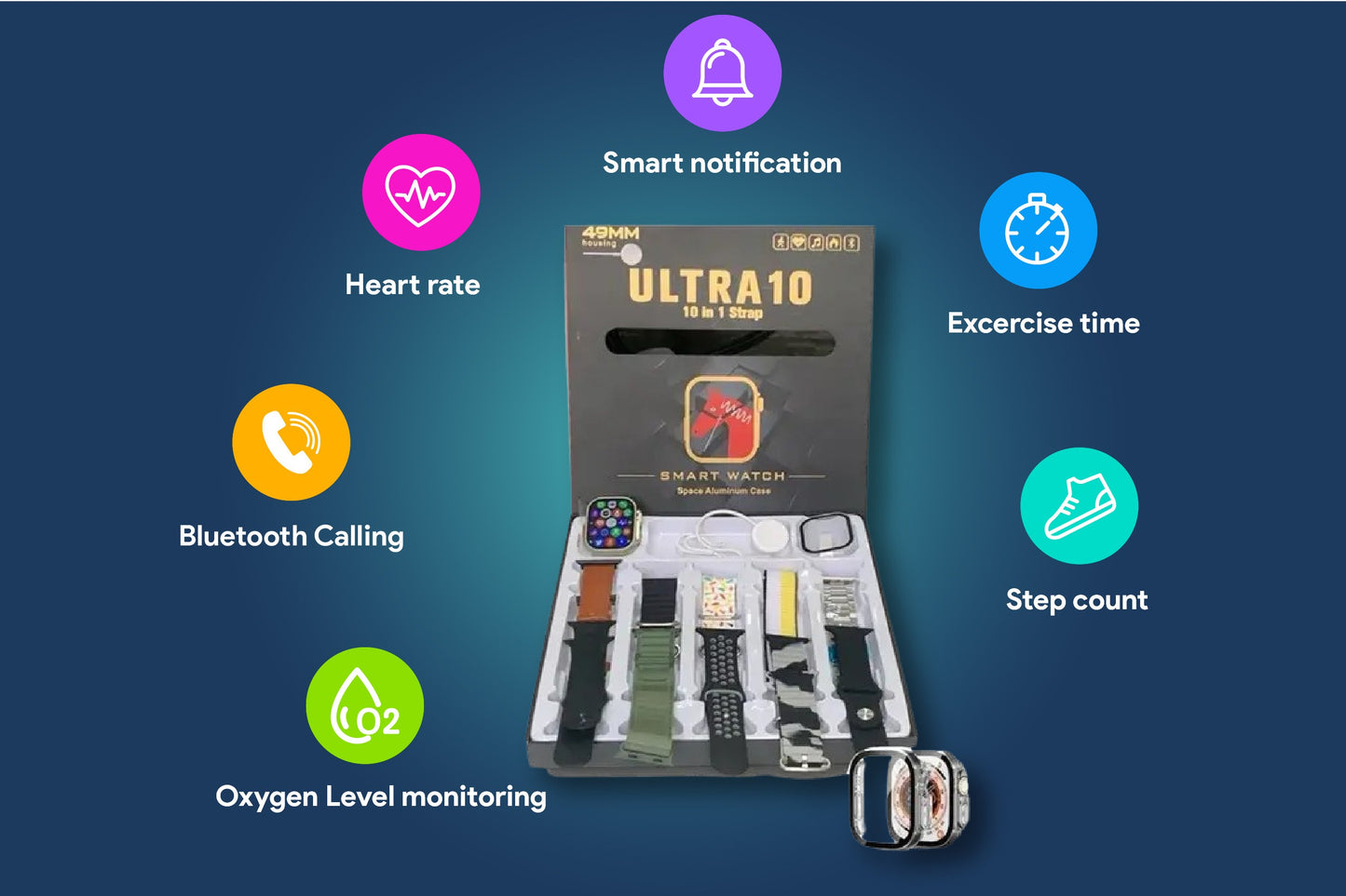 ULTRA 10 Smart Watch with 49mm HD display, BT calling, wireless charging, 10-in-1 straps, and protective jelly case.