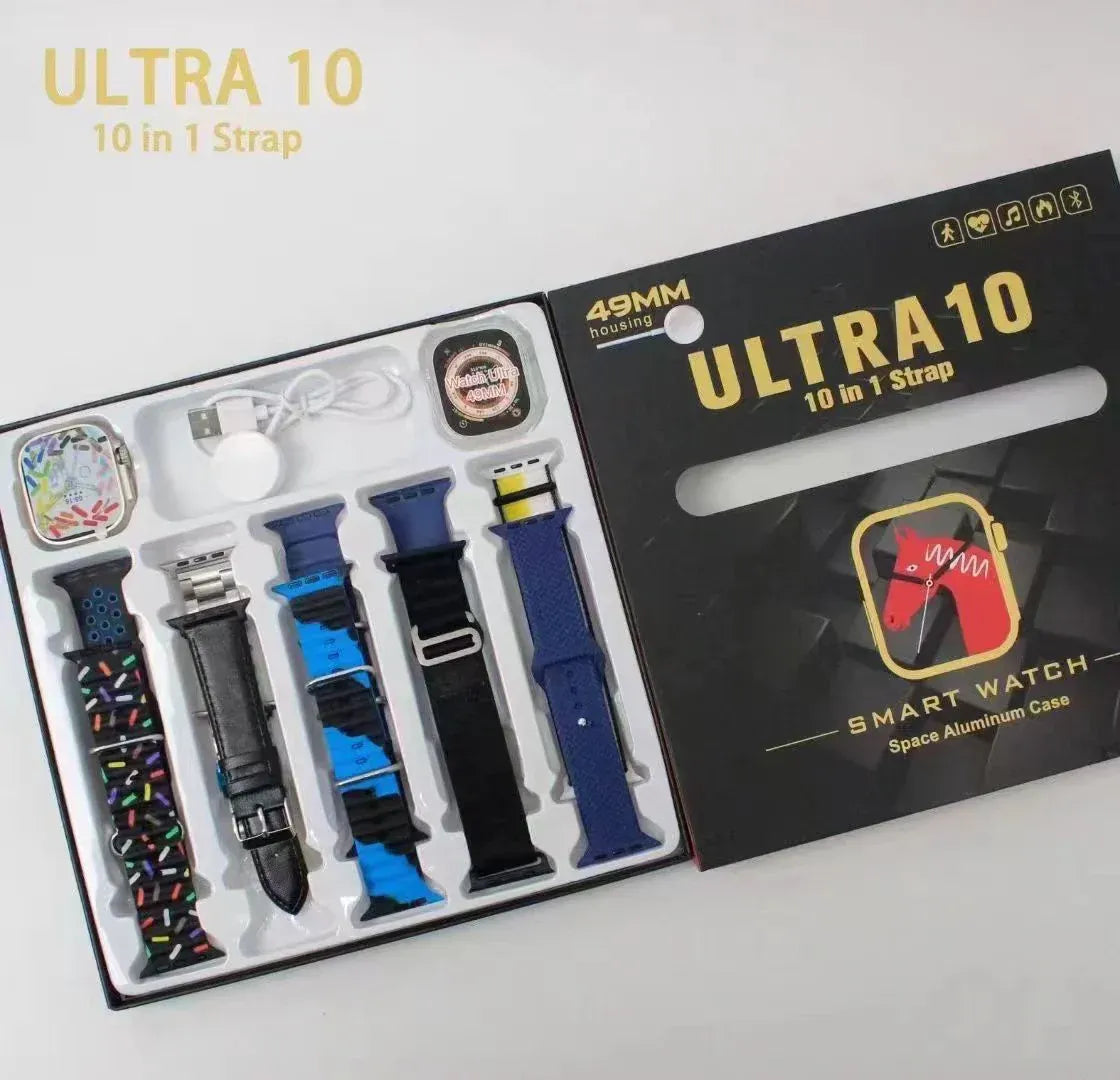 ULTRA 10 Smart Watch with 49mm HD display, BT calling, wireless charging, 10-in-1 straps, and protective jelly case.